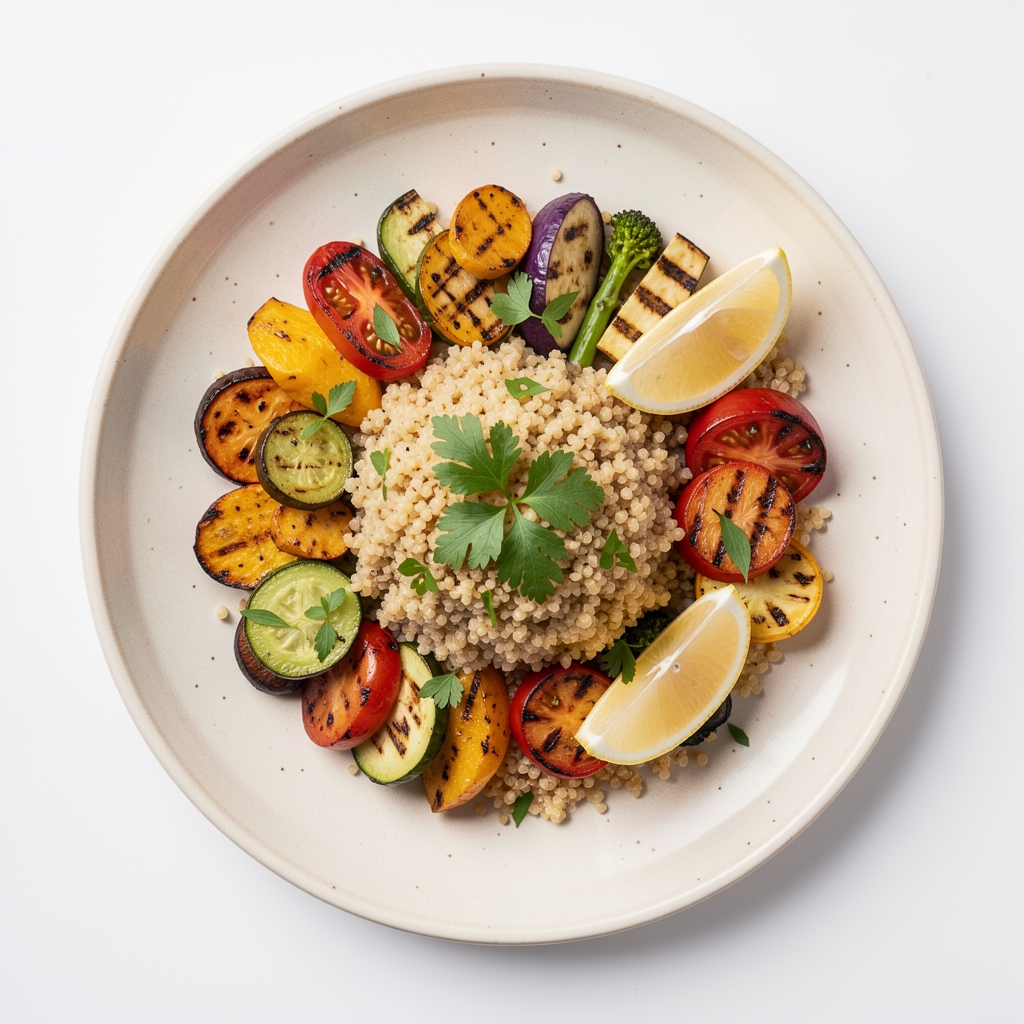 Colourful balanced meal plate with grilled vegetables, quinoa, fresh herbs and lemon wedge on a pale ceramic plate photographed from above in bright studio lighting