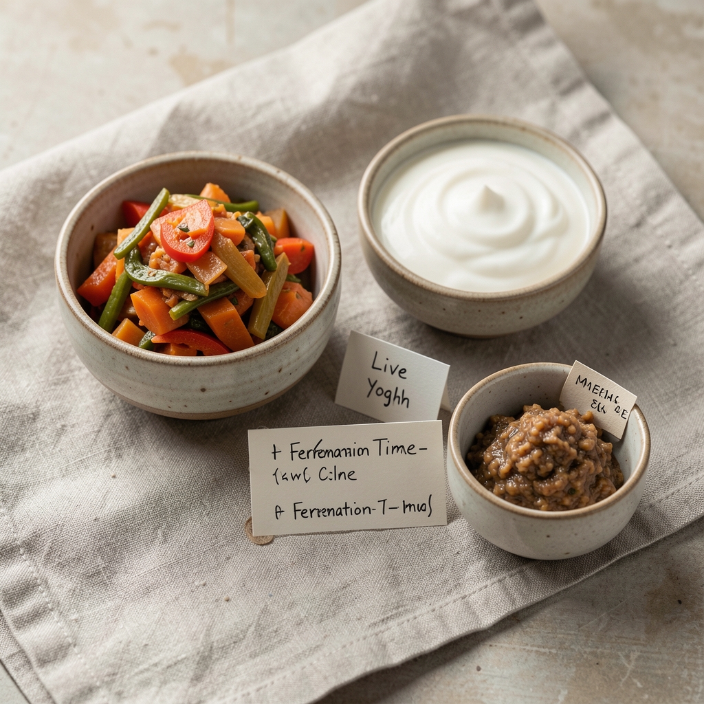 Small ceramic bowls of fermented vegetables, live yoghurt, and miso paste on a linen cloth with neat handwritten fermentation-time and origin labels