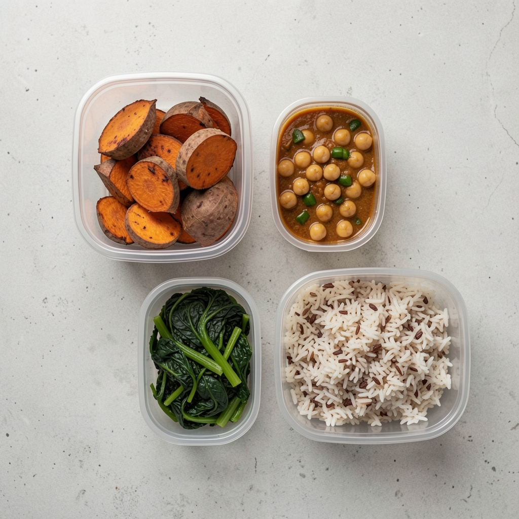 Flat-lay overhead view of a nutritionally balanced meal prep arrangement showing portioned containers of roasted sweet potato, steamed greens, chickpea curry, and brown rice on a pale concrete surface