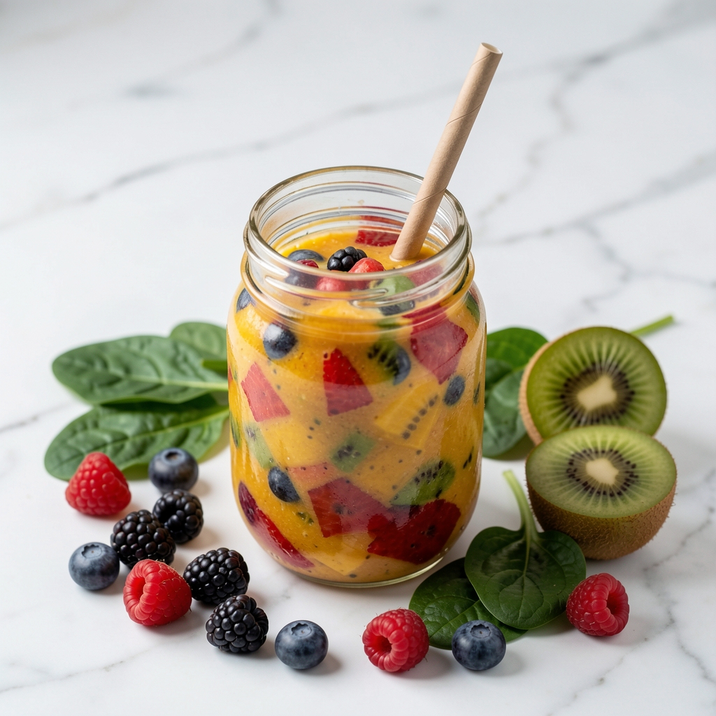 Close-up of a colourful fruit and vegetable smoothie in a glass jar with a paper straw, surrounded by scattered fresh berries, spinach leaves, and halved kiwi on a white marble surface