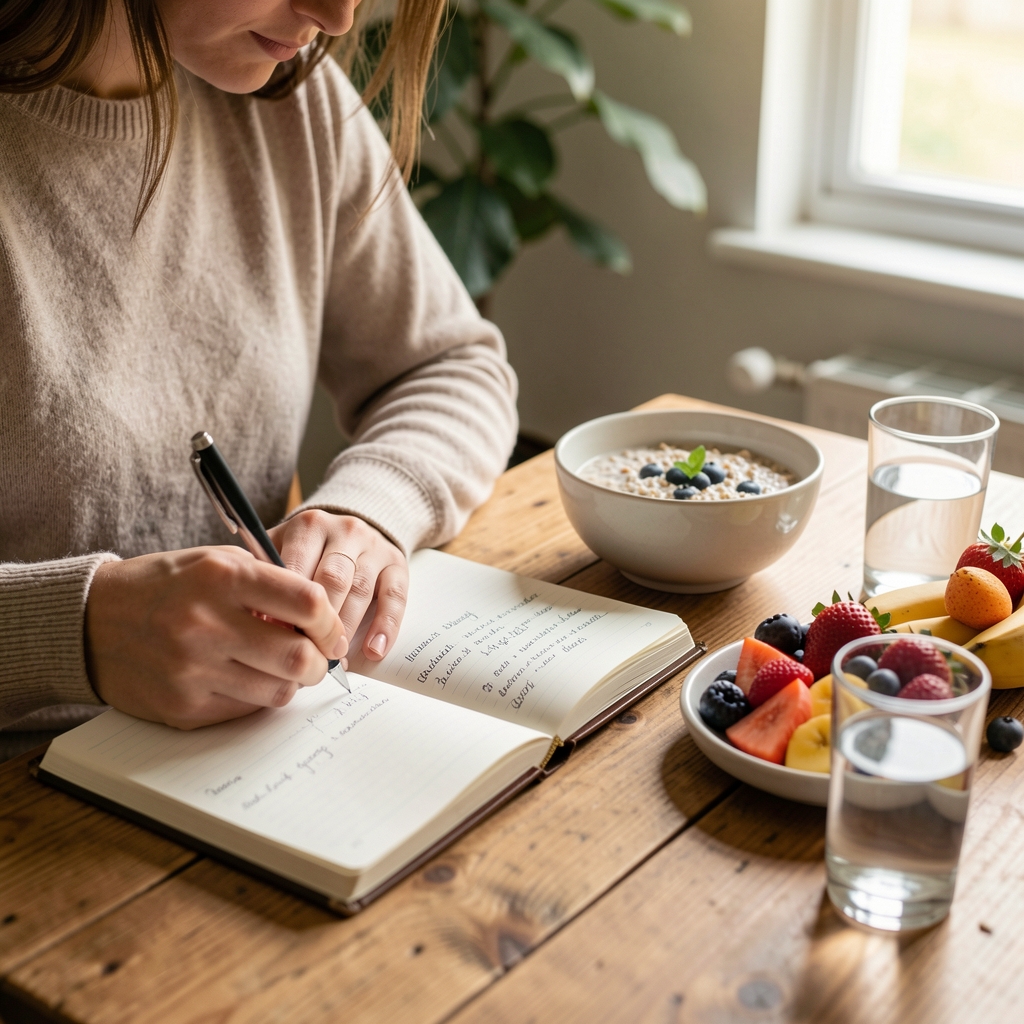 Person seated at a wooden table writing in a daily food journal, with a bowl of overnight oats, fresh fruit, and a glass of water visible on the table in soft morning light