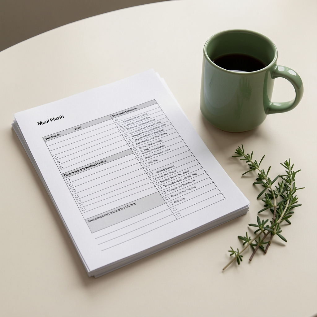 Stack of printed meal-planning worksheets on a pale desk, with a green ceramic mug and a small branch of fresh herbs placed beside them